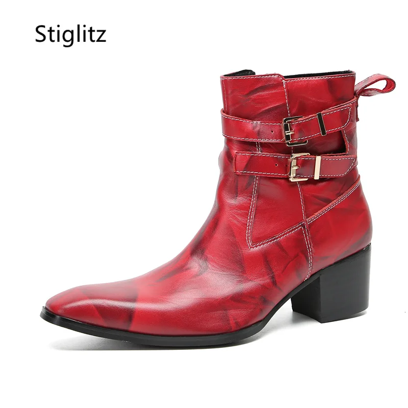 Double Buckle Ankle Men Boots Retro Casual Work Safety Boots Red Black High Heels Leather Side Zipper Business Men\'s Shoes