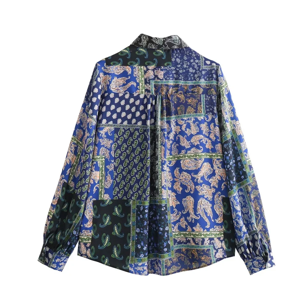 Zach Ailsa 2024 Spring New Product Women\'s casual loose collar long sleeved patchwork printed silk satin texture shirt