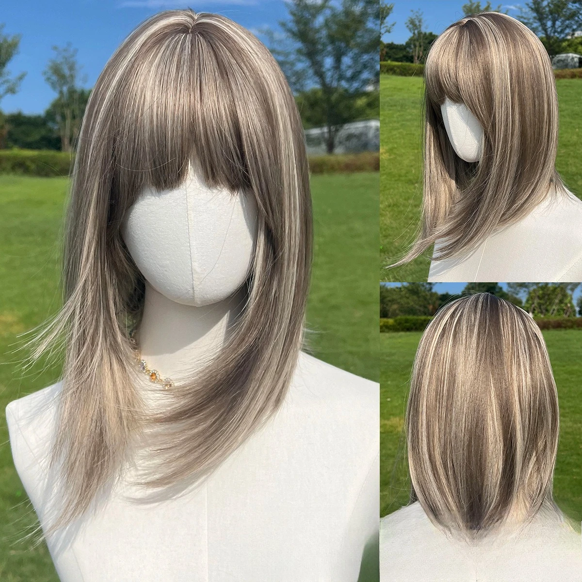 

New 12-inch honey tea flaxen air bangs high temperature silk heat-resistant chemical fiber women's wig headgear