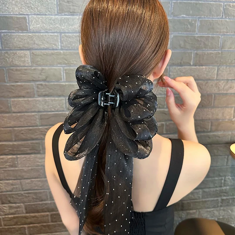 Elegant Bow Ribbon Hair Clip Fashion Simple Solid Satin Spring Clip Hair Pin Retro Headband With Clips Girls Hair Accessories