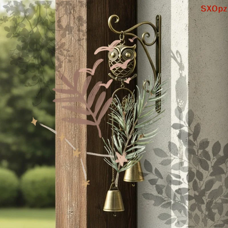 Forest-style Metal Owl Double Bell Wind Chime Entryway Door Decoration Christmas And Thanksgiving Gift