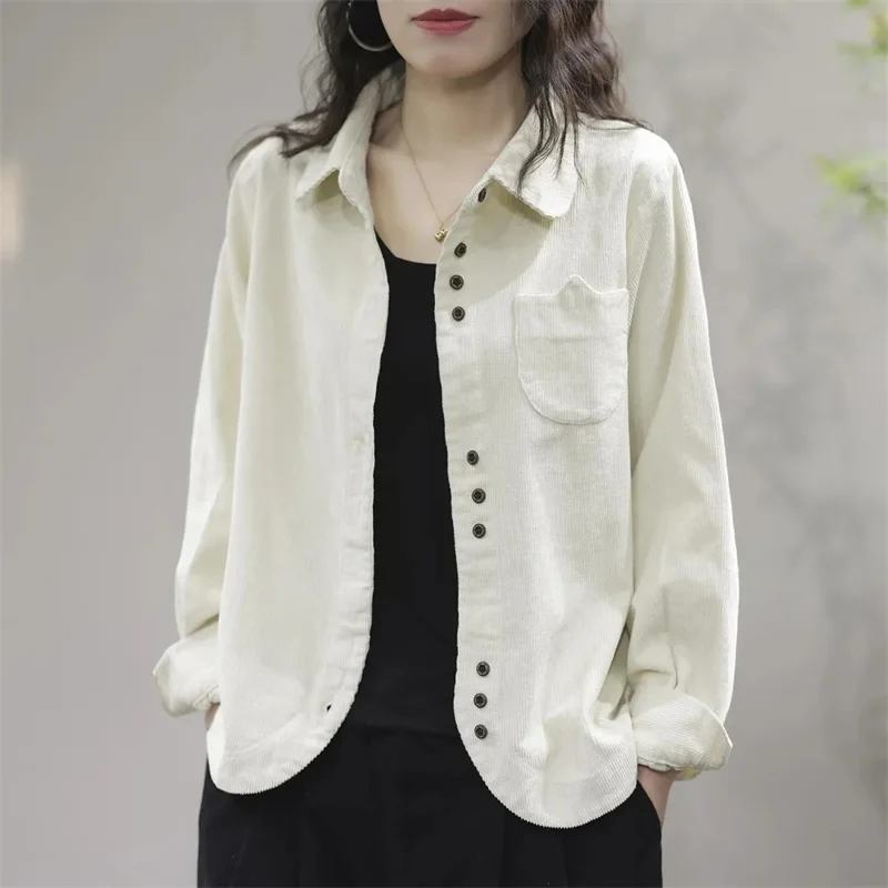 2024 Women Lapel Collar Corduroy Shirt Coat Spring And Autumn Female Long Sleeved Cardigan Blouse Jacket Korean Ladies Blaus Top