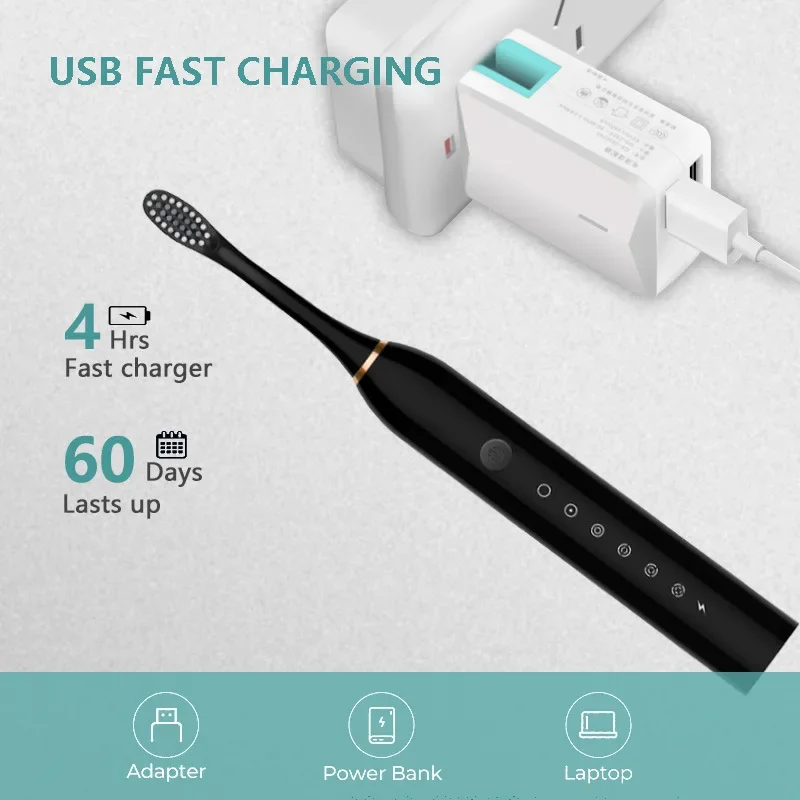 Electric Ultrasonic Toothbrush Six Speed Mode Home Soft Hair USB Charging Waterproof Toothbrush Washable 8 brush heads Whitening