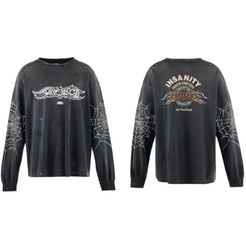 Saint Michael Oversized Men Long Sleeved T Shirts Black Washed Streetwear Pullovers