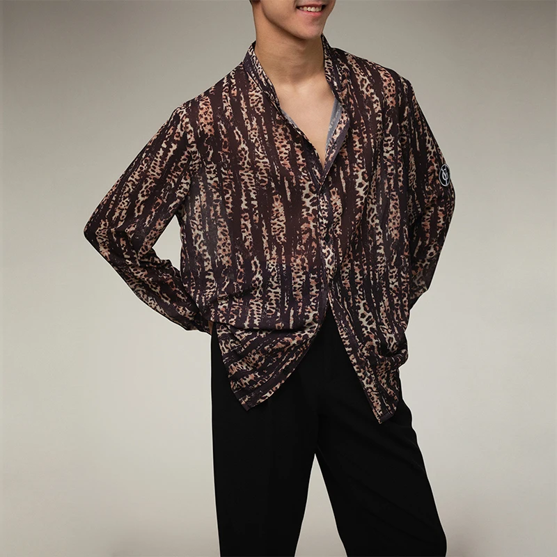 Robe de pratique latine personnalisée pour hommes, vêtements de Performance, édition ample, imprimé panthère jaune, col montant, petit haut à manches longues