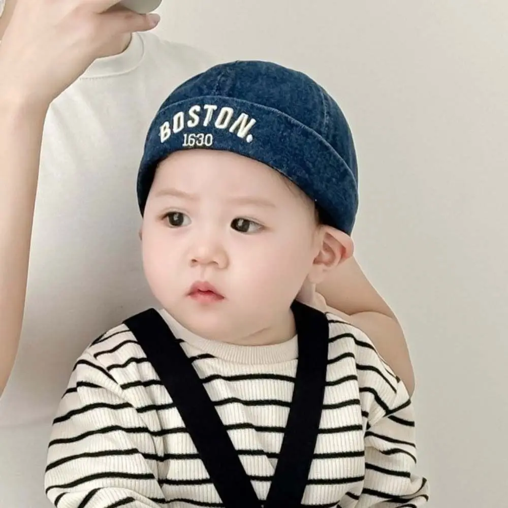 

Washed Denim Baby Brimless Hat Letter Embroidered Solid Color Children Melon Beanie Drawstring Closure Adjustable Landlord Cap