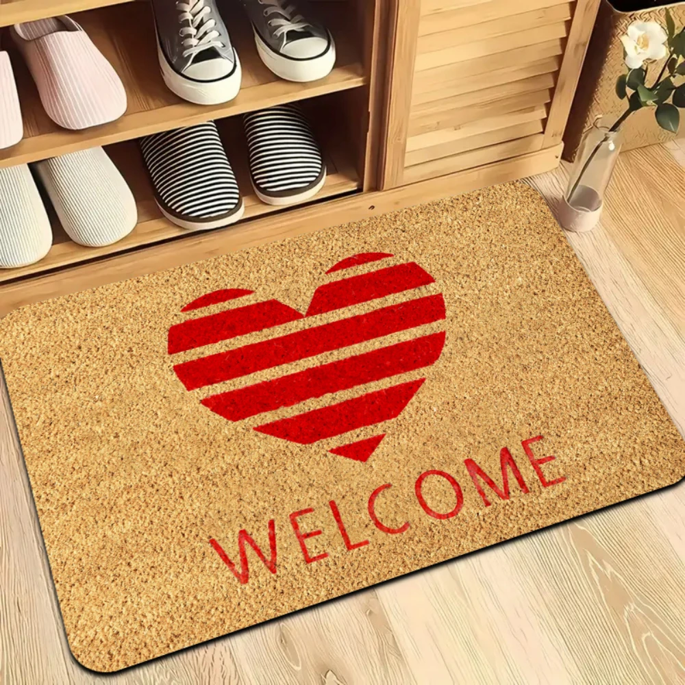 Red Striped Heart Welcome Letter Print Doormat Floor Rug Shoe Rack Side Living Room Foyer Stylish Household Entry Floor Rug