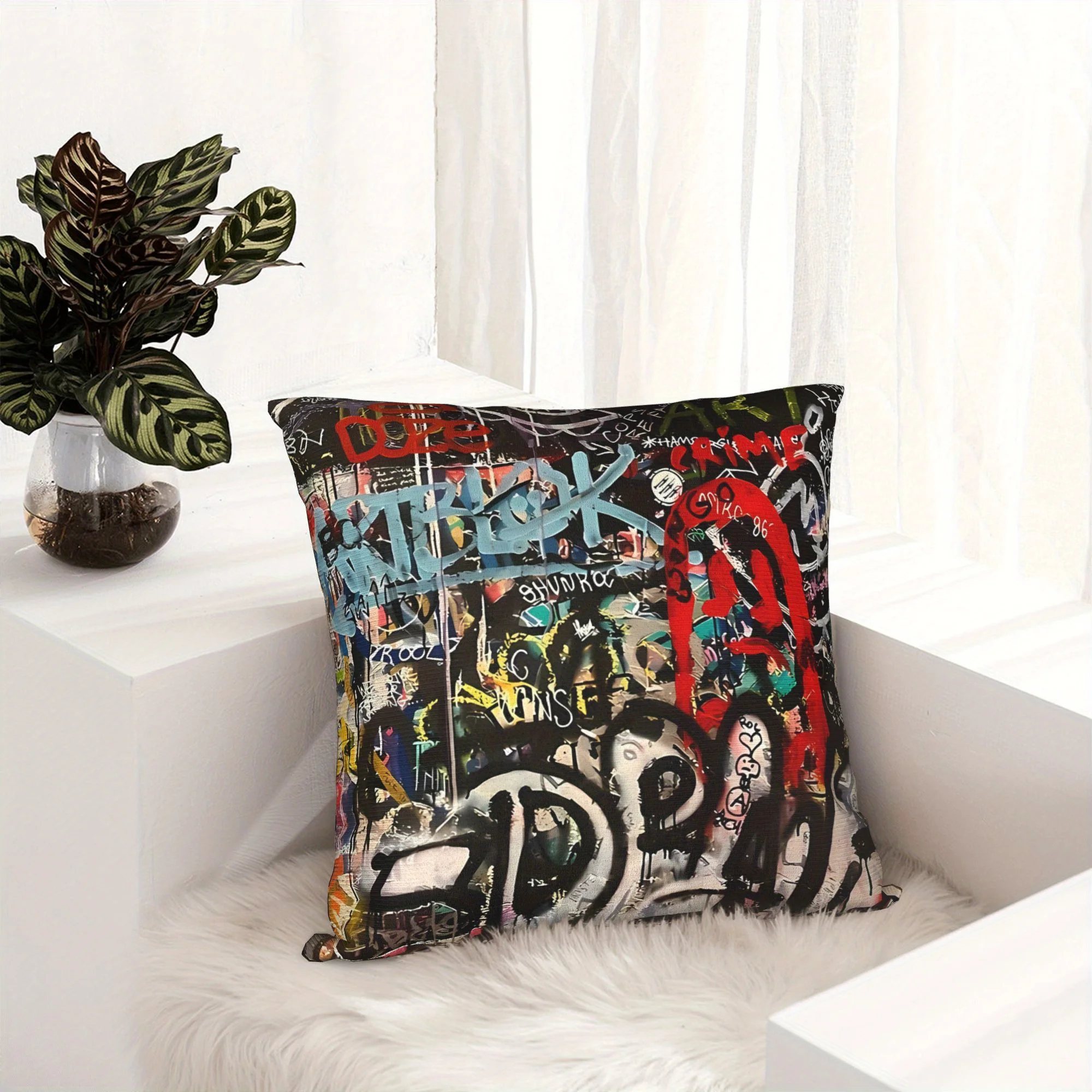 1pc Hip Hop Graffiti Decorative Cushion Cover, 2D Print Polyester Pillow Case for Sofa Bed Car Office Home Decoration