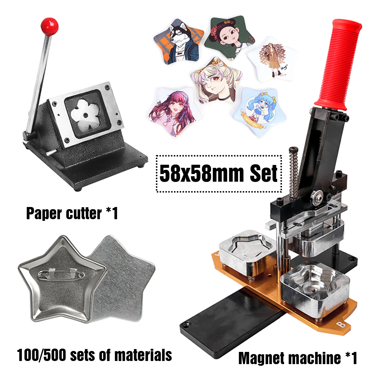 58x58mm Button Maker Machine Set Five-pointed Star Badge Photo Button Press Machine with Supplies for Pin Crafts DIY Making Tool