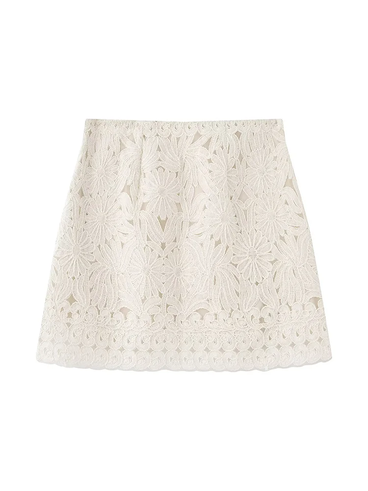 

SIYANG Women Fashion Beige Hollow Out Side Zipper A-Line Mini Skirt Vintage High Waist Female Chic Lady Skirts