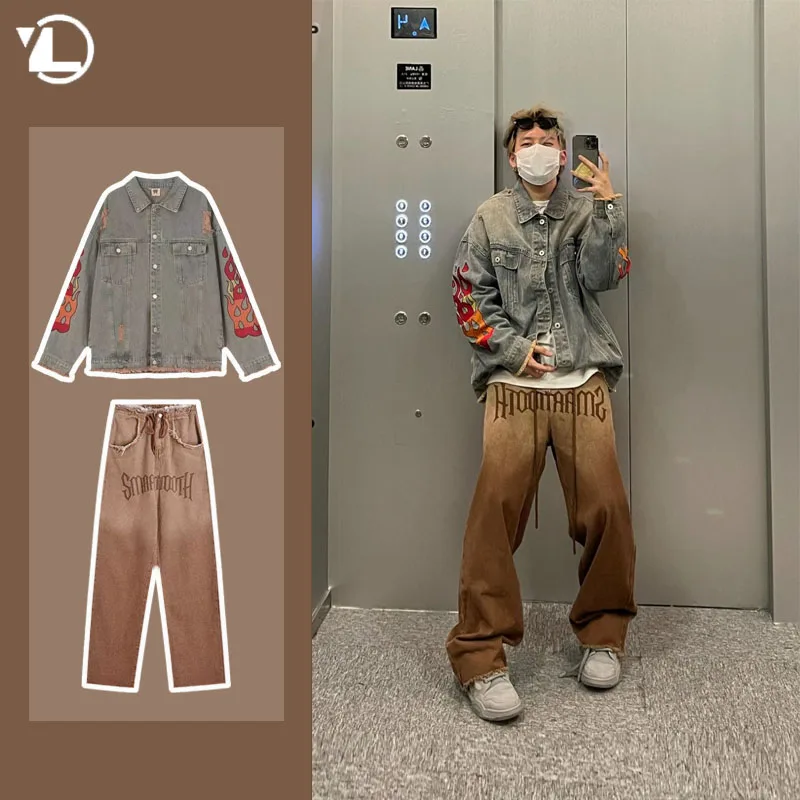 Man Casual Denim Set Vintage Washed Letter Denim Coat+Gradient Drawstring Straight Trousers 2- Piece Unisex Hip Hop Suit 2023