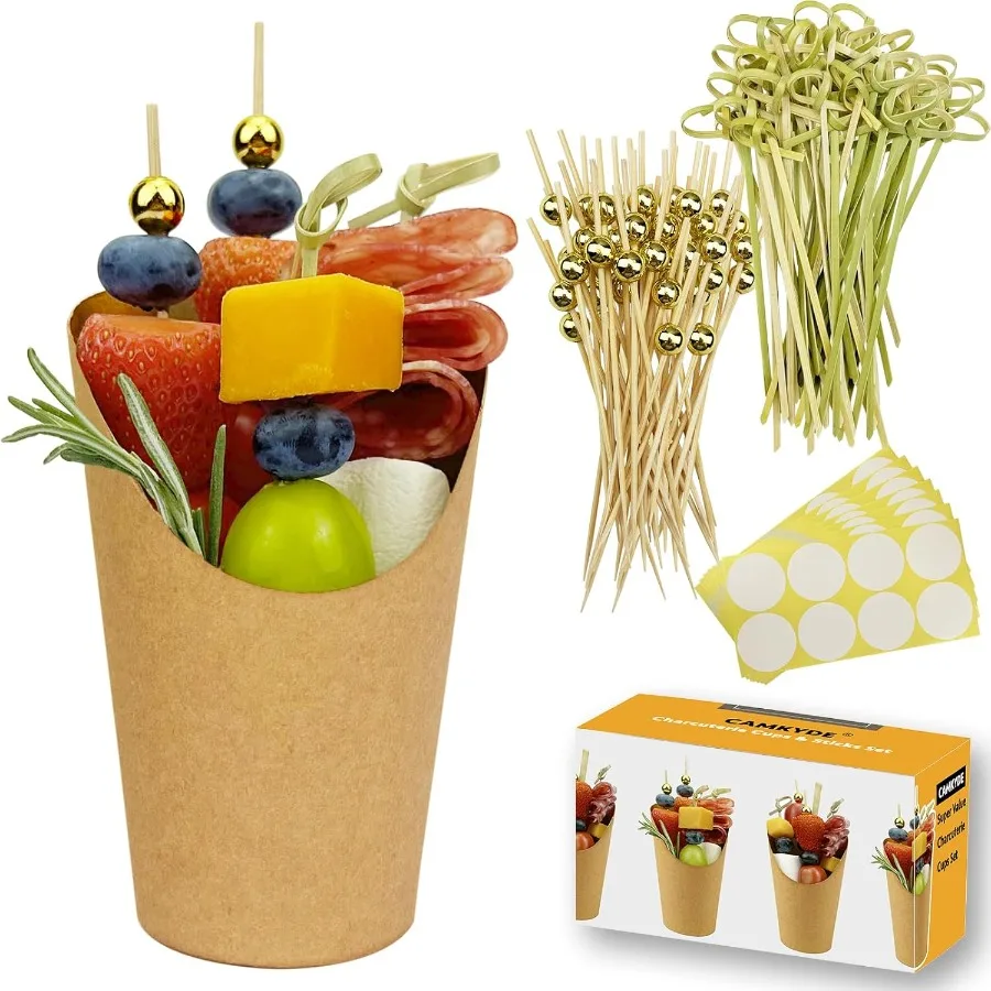 

50 Disposable Charcuterie Cups with 200 Cocktail Picks and 56 Labels in 12 oz Brown Paper Appetizer Cups for All Occasions Incl