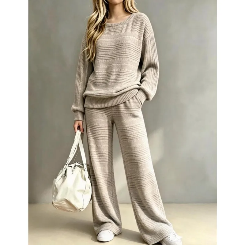 Herbst-Winter-Strick-Zweiteiler für Damen, modischer O-Neck-Pullover und weit geschnittene Hose mit Taschen, einfarbiges Outfit für Damen