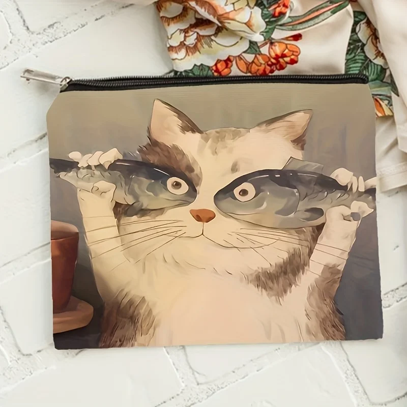 1 Piece of Fun Cat and Fish Makeup Bag - Multifunctional Zipper Pouch for Women, Perfect Travel Zipper Storage Bag, Fun Birthday Gift