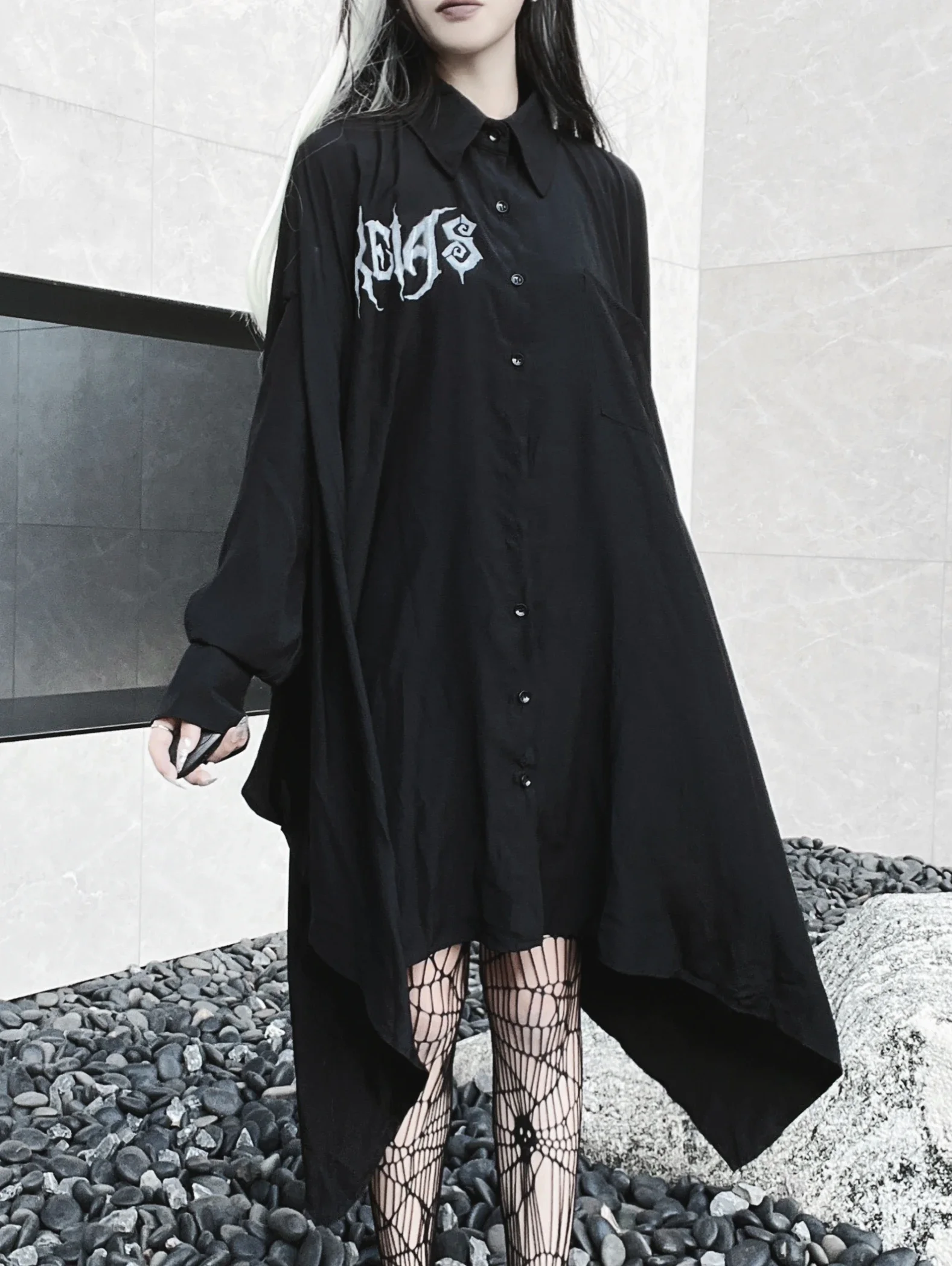 

Ruibbit Japanese Women Letters Print Gothic Vintage Black Shirt Dress Long Sleeve Punk Harajuku Darkness Goth Plus Size