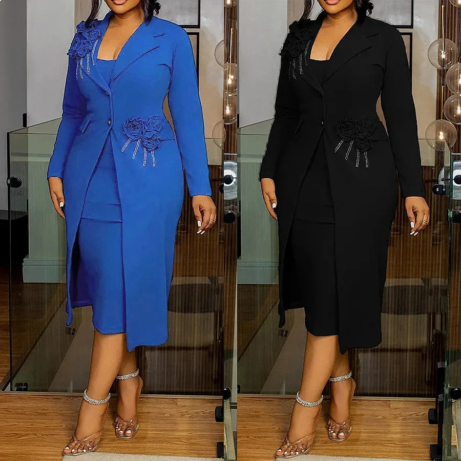 Elegant Stretch Fitted Blazer with Pearl Rhinestone Flower Design & Matching Camisole Set, Spring Summer Evening Dress Suit