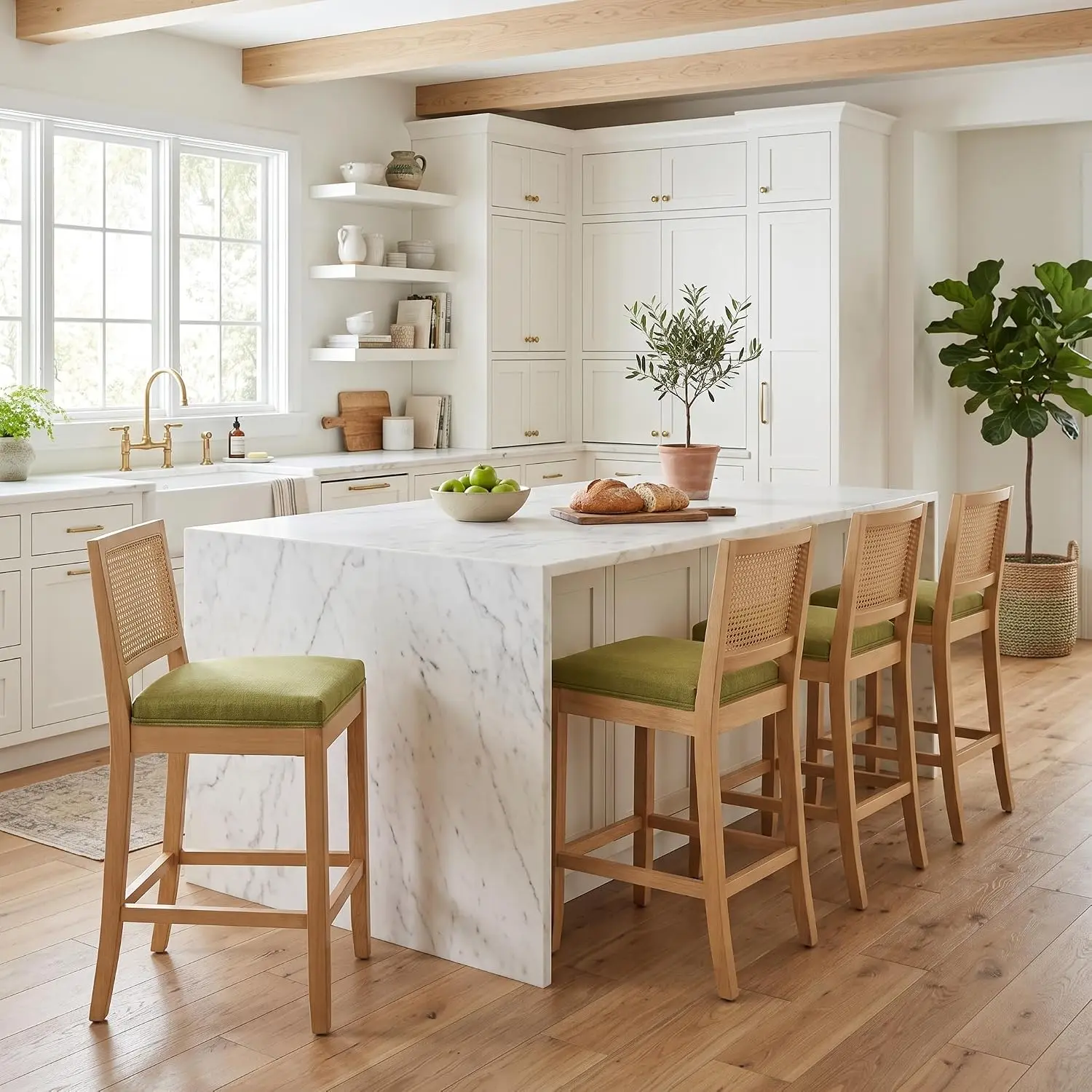 Rattan Back Counter Height Bar Stools 4pcs, Green Linen Seat & Wood Frame, Kitchen Island Dining, 24 Inch, Customized