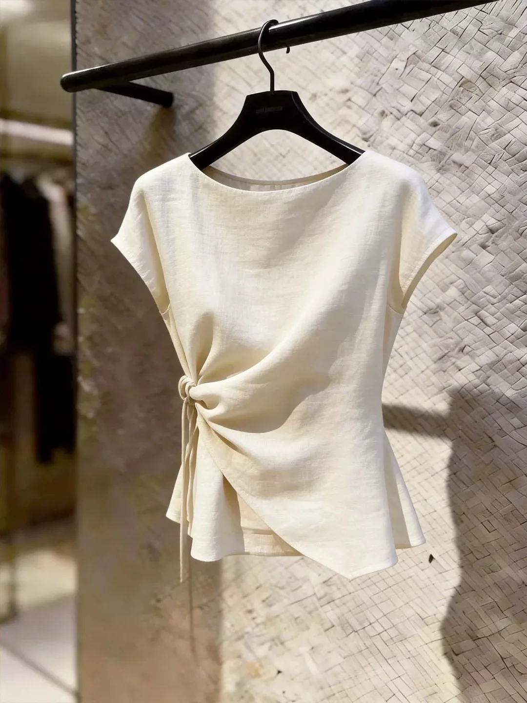 

Commute Style Short Sleeve round Neck Shirt Waist Cinching Side Tie Korean Fashion Summer Trendy Women's Silk Top