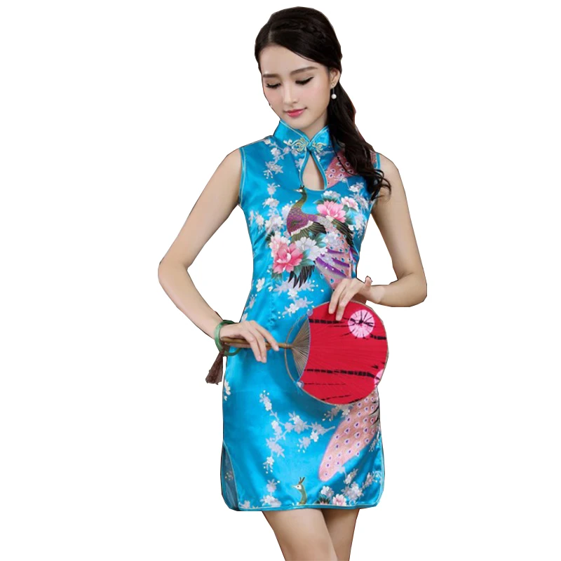 Nieuwe aankomst vrouw vintage Chinese traditionele jurk pauwprint elegante cheongsam carnaval party qipao mini-jurk