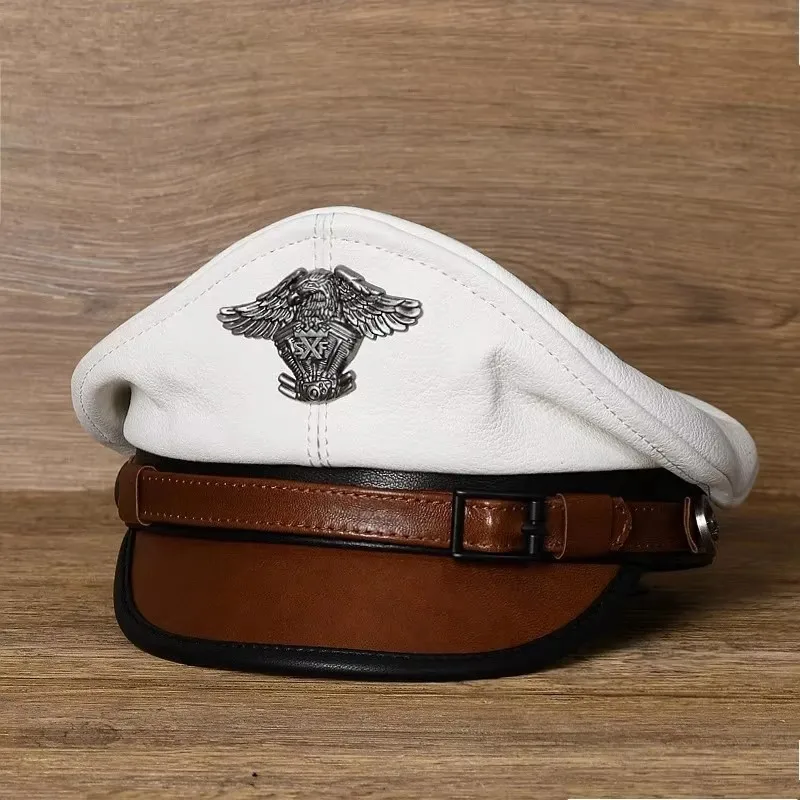 unisex-german-military-style-real-leather-cap-flat-top-korean-fashion-eagle-mark-chain-punk-locomotive-casquette-for-men