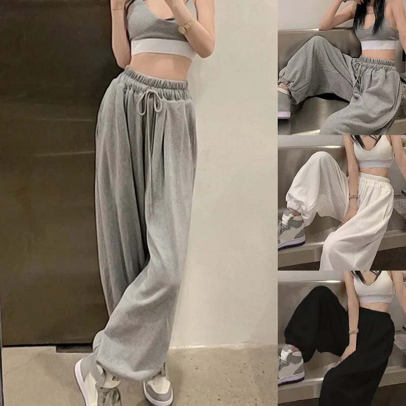 

New Fashion Sexy Gray Vest and Sweatpants 2 Pcs Suit for Women Female Baggy Oversize Sports Pants Chest Wrap Streetwear Suit