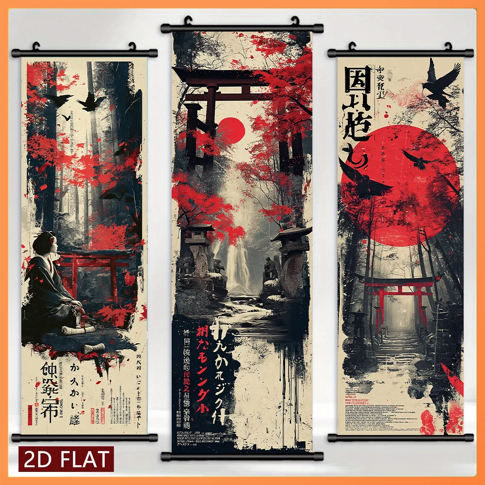 VIKAMA Japanese Ukiyo-e Torii Gate Red Sun 3 Piece Wall Scroll Tapestry Set Ink Painting Wall Art Decor for Living Room Bedroom