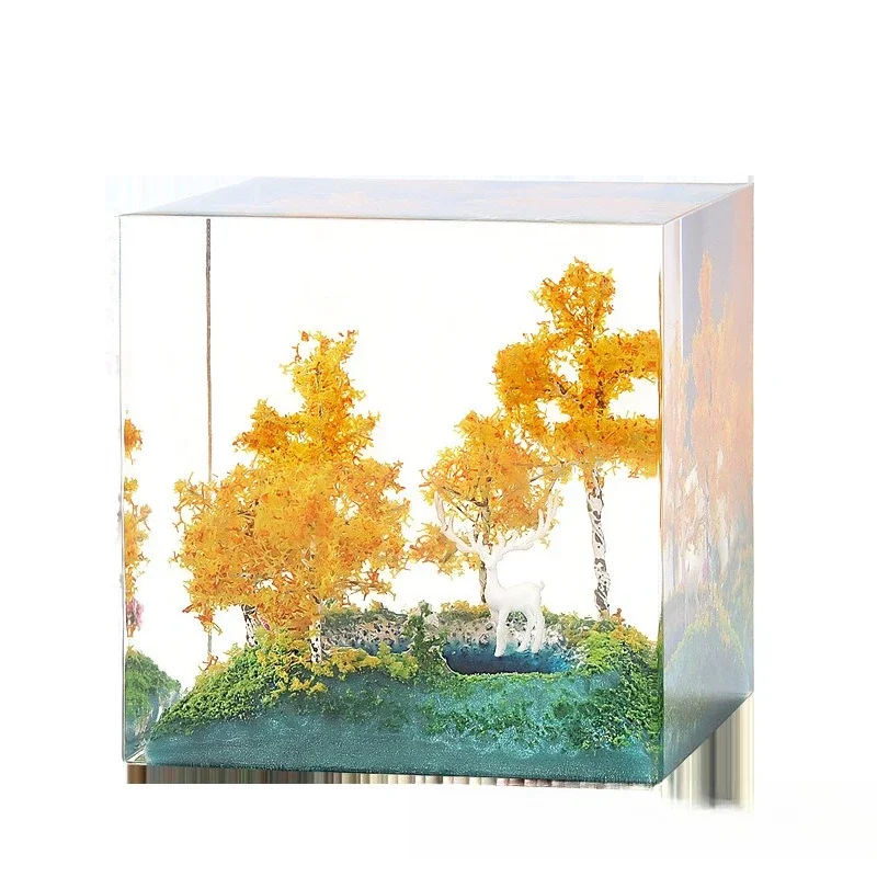 

Autumn landscape micro landscape deer glue handmade cube ornament office bedroom desktop decoration
