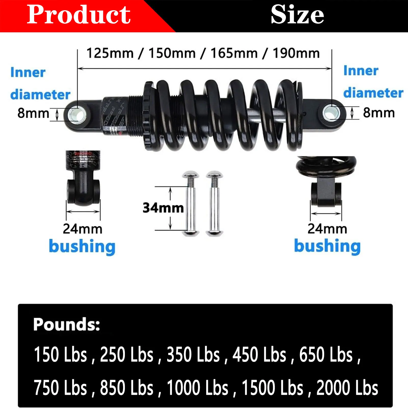 Rear Shock Absorber Spring for Bike, Suspension Damper, MTB, 125mm, 150mm, 165mm, 190mm, GS-121A, 100 to 2000 lbs, 2Pcs