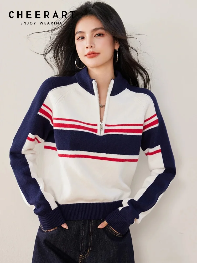 CHEERART Preppy Striped Half Zip Sweater Women Pullovers Long Sleeve Winter Top Knitwears Knitted Jumper Clothes