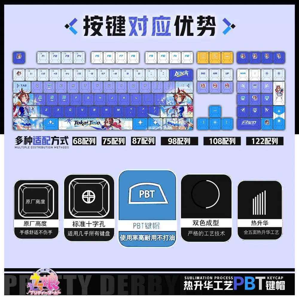 122 Keys Pretty Derby Custom Keycaps Anime Game Chreey PBT Transparent Key Caps for Made68 Mad68 Wooting 60 Mechanical Keyboard