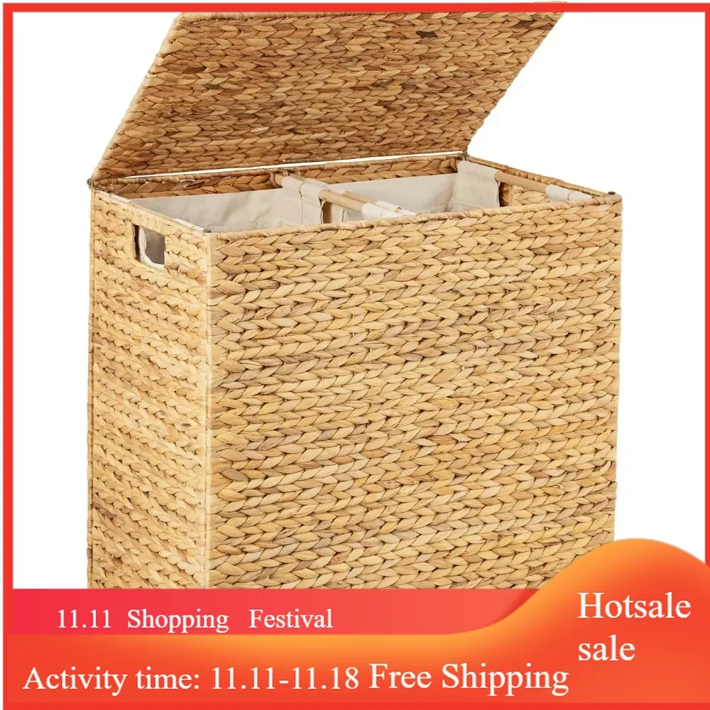 Large Double Laundry Hamper with Lid, Natural Handwoven Water Hyacinth, 2 Sections w/ 2 Machine Washable Linen Liner Bags