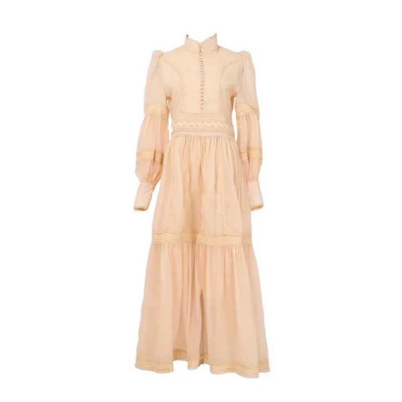 الفرنسية الرجعية اللباس المرأة الأورجانزا المرقعة الدانتيل الدانتيل الدانتيل الوقوف طوق بأكمام طويلة عالية الخصر بلون اللباس #6