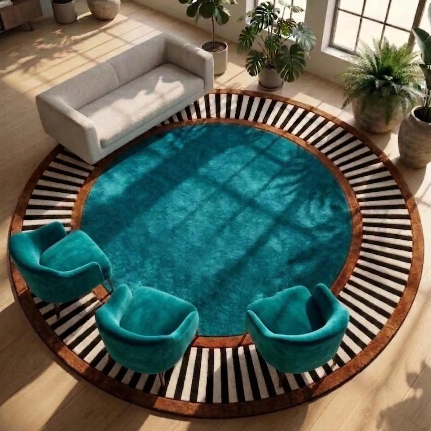 【Room Decorative Carpet】Blue-Green Round Carpet, Black and White Striped Border, Art Deco Style, Luxurious Sizes: 8X8, 10X10