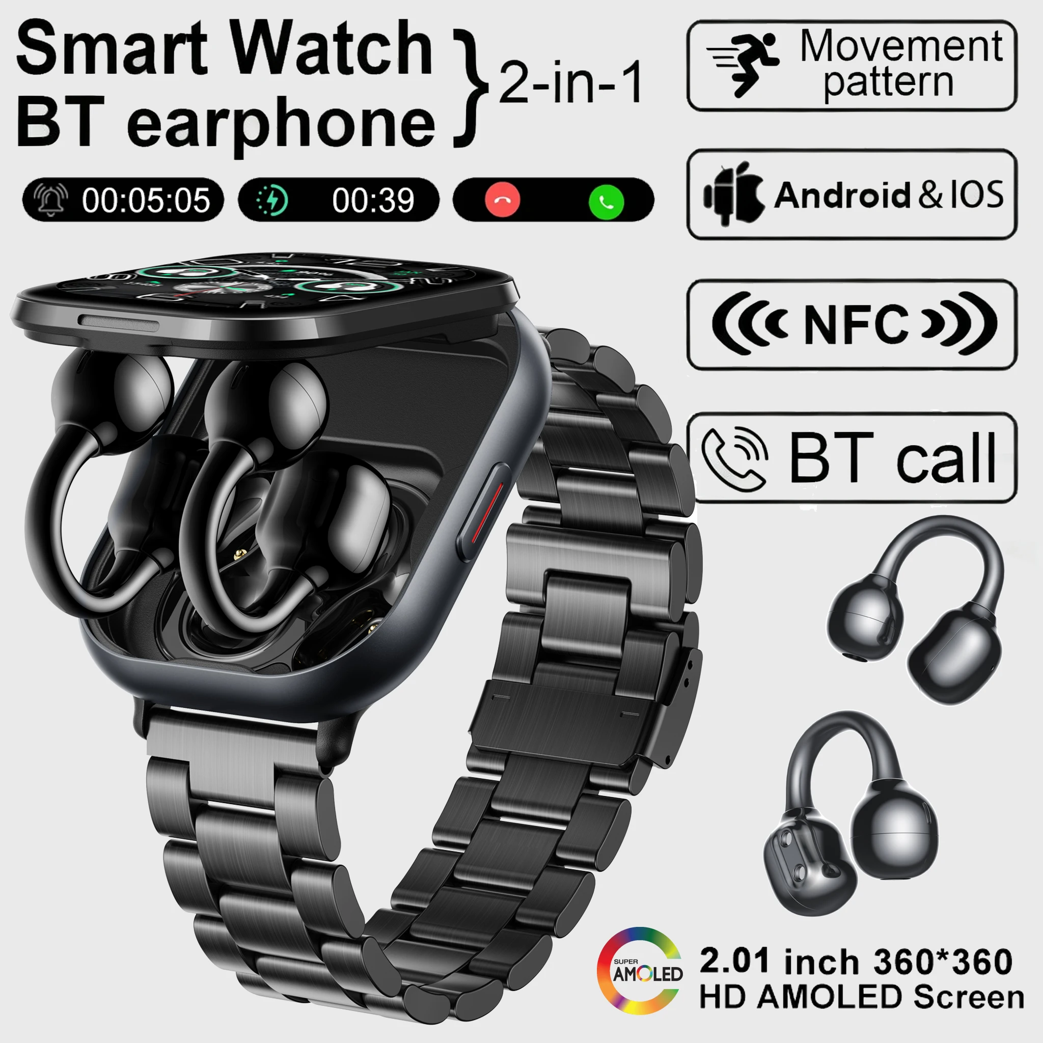 

2025 New Smart Watch With Earphone 2-In-1 NFC Bluetooth Call Men Watch GPS Track Heart Rate Monitor Play Music Smartwatch GIFT