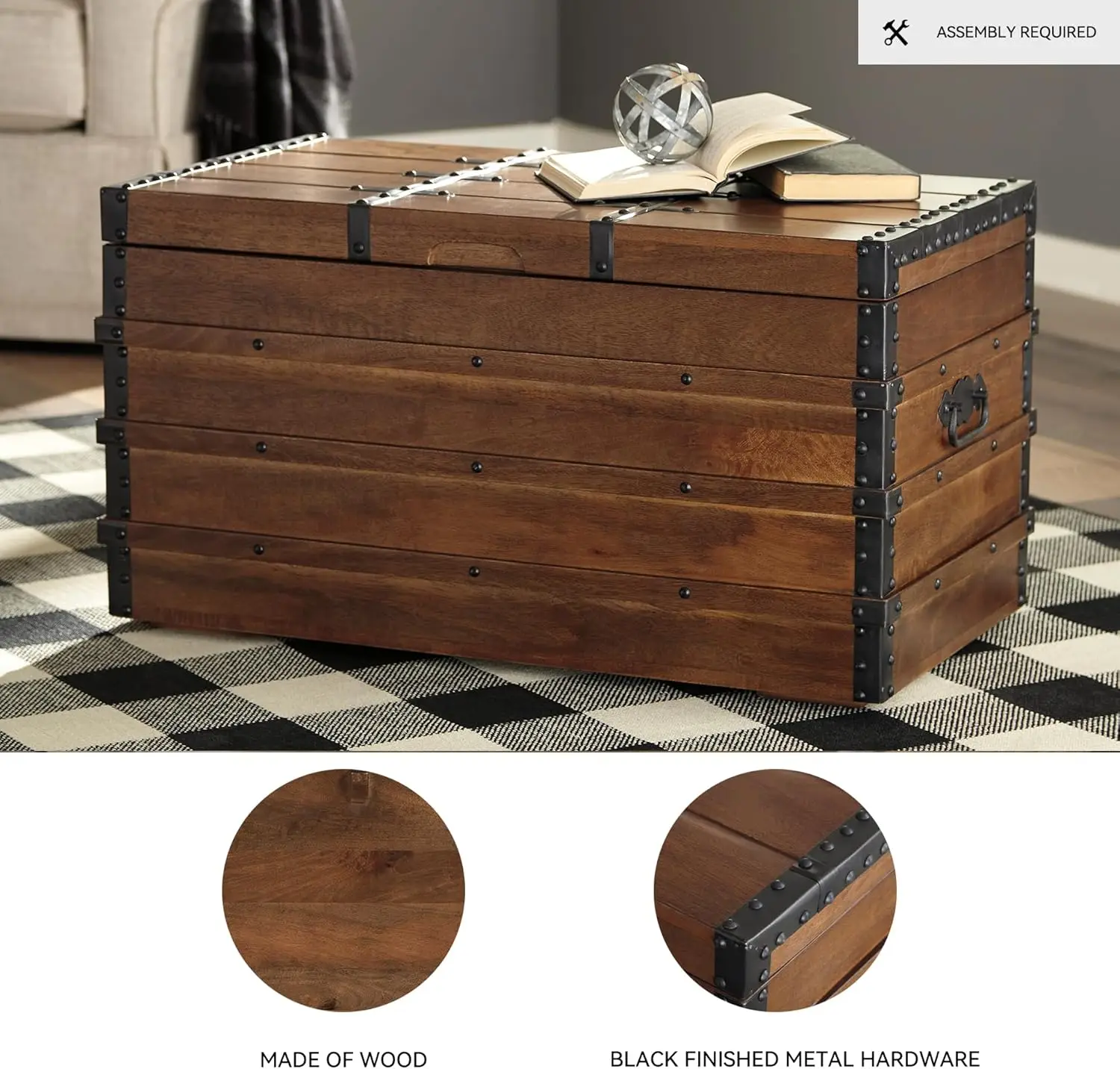 

Kettleby Wooden Storage Box Trunk, Vintage‑Style Coffee Table With Hinged Top And Hidden Storage, Wood Construction With Metal H