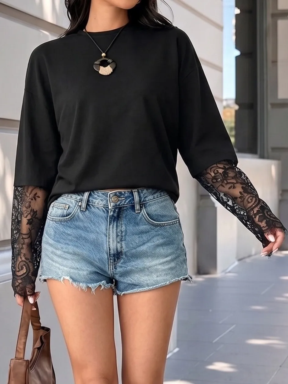 Loose Fit Round Neck Top American European Style with Long Sleeve T Shirt for Women Daily Party Travel Date Regular Length Sexy