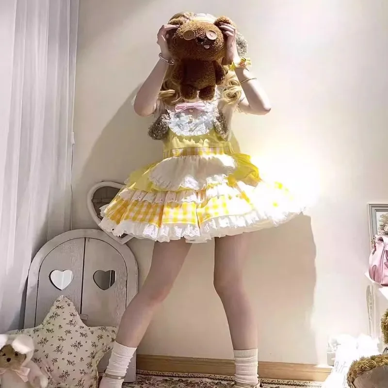 Japonês original lolita amarelo xadrez flor casamento elegância diária temperamento filhote de cachorro impressão camadas suspender vestido para mulher