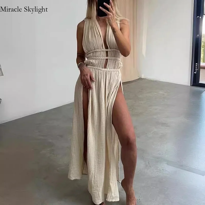 

Boho Solid Cotton Blend Dresses Women Spring Hollow Braided Waistband High Split Long Summer Sleeveless Beach Kaftan Dress