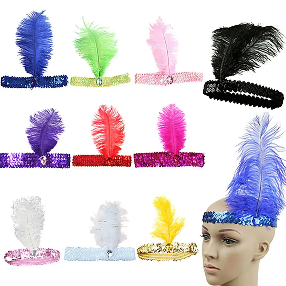 Halloween Feather Hairband Brilliant Sequins Ostrich Feather Hair Accessories Hair Hoop Cosplay Indian Feather Headwear Headband