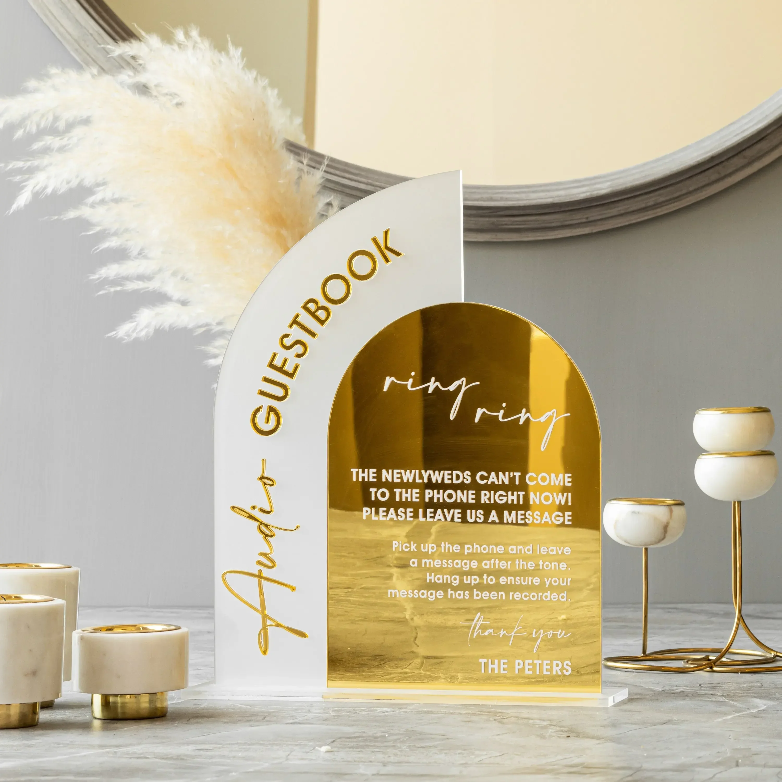 

Audio Guestbook Sign,Arched Gold Mirrored Acrylic,Ring Ring Sign,Wedding Guestbook,Wedding Decoration,Reception Table Signage