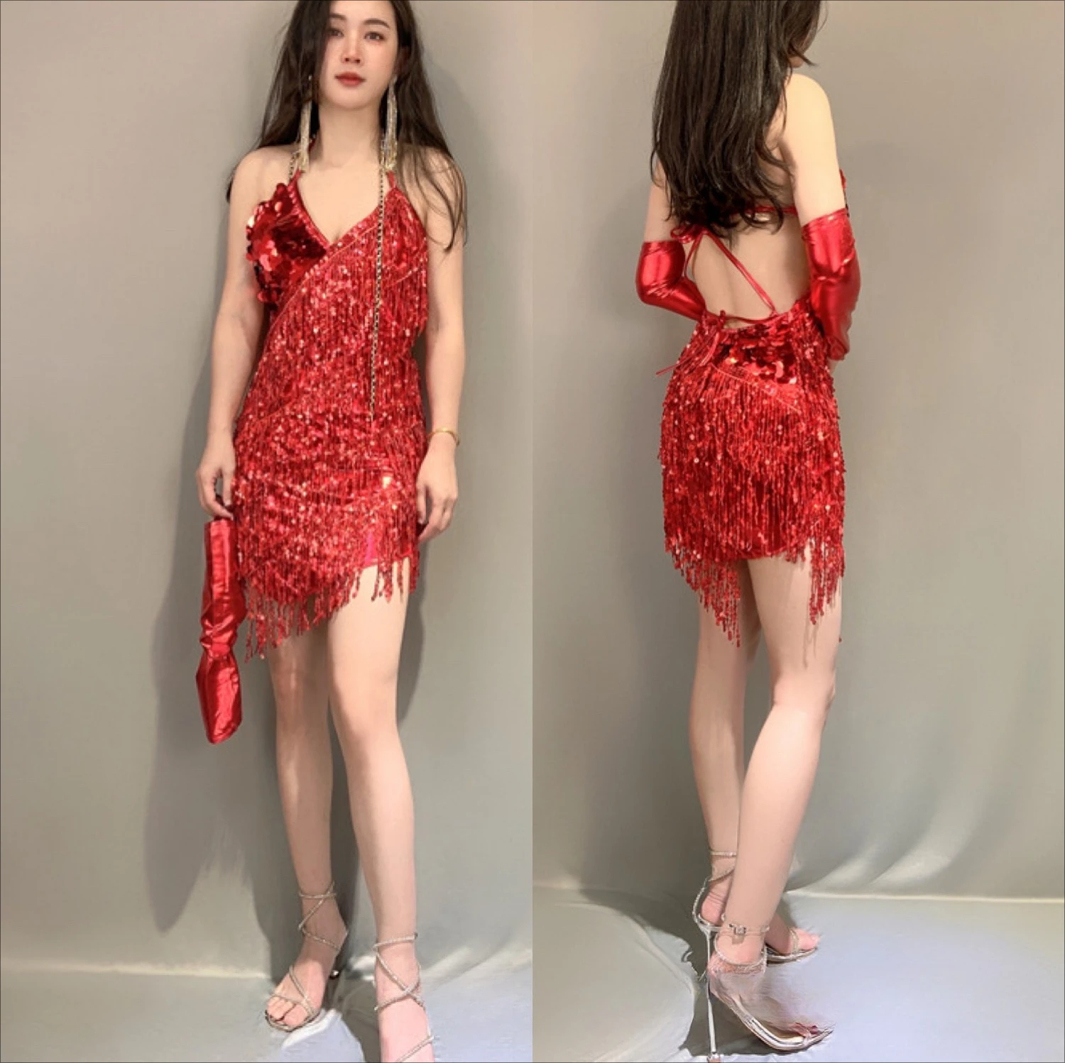 

Новая юбка для латиноамериканских танцев с бахромой, блестящий костюм для выступлений без спинки, наряд для соревнований