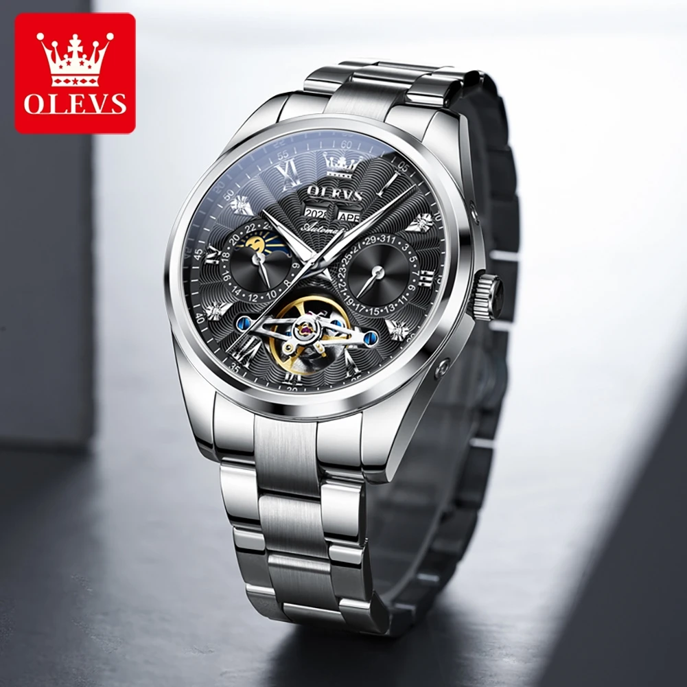 OLEVS 7028 Flywheel Skeleton Automatic Watch for Men Dual Calendar Waterproof Luminous High Quality Stainless steel Wristwatches