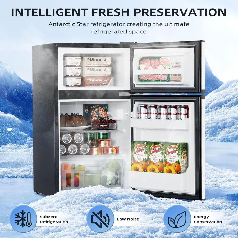 3.2 Cu.Ft Mini Refrigerator with Freezer Double Door Compact Fridge for Bedroom Office Dorm Kitchen - Adjustable Thermostat Sil