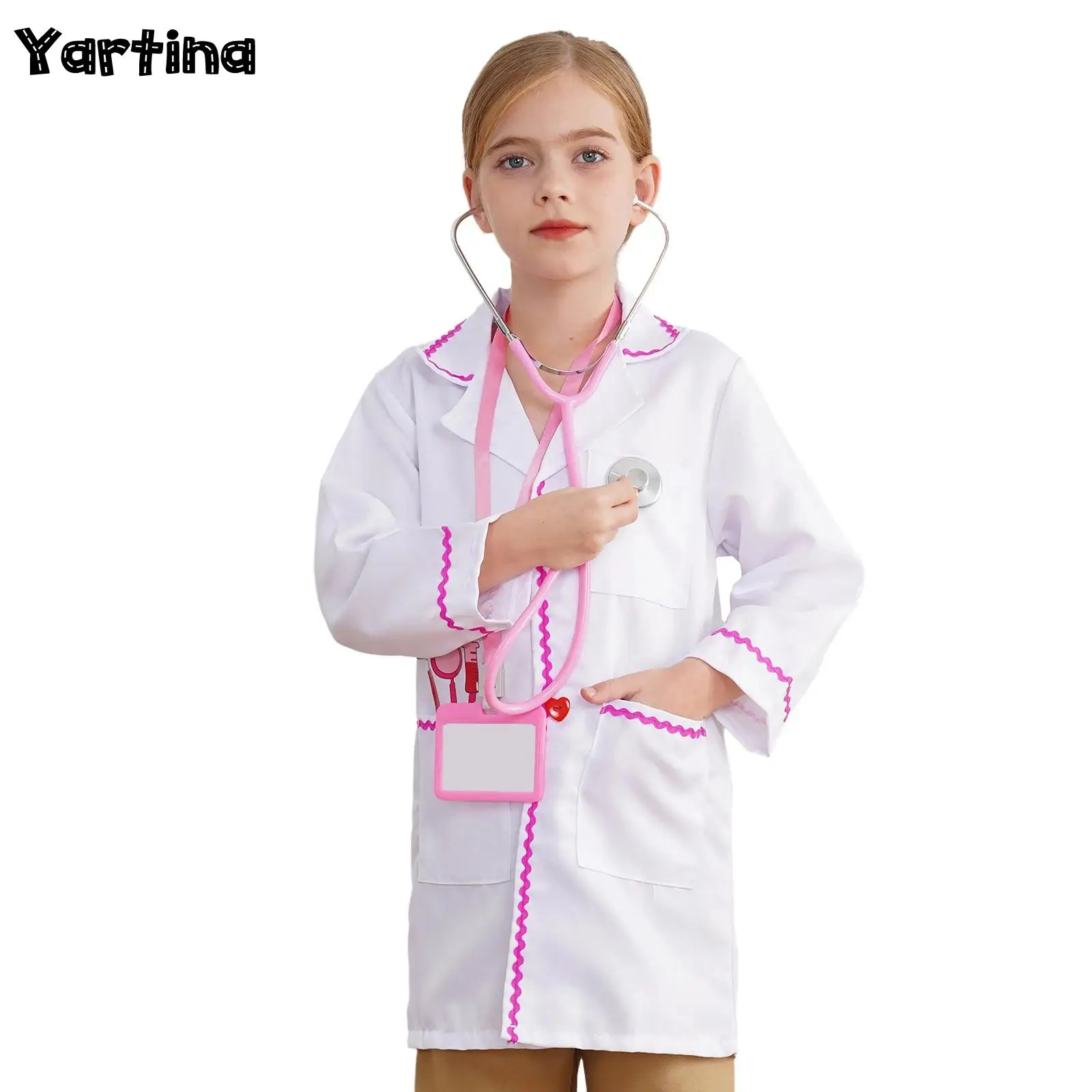 Children Doctor Cosplay Costume Doctor Clothing with Stethoscope Toy And Work Card Set Toddler Career Day Halloween Costume