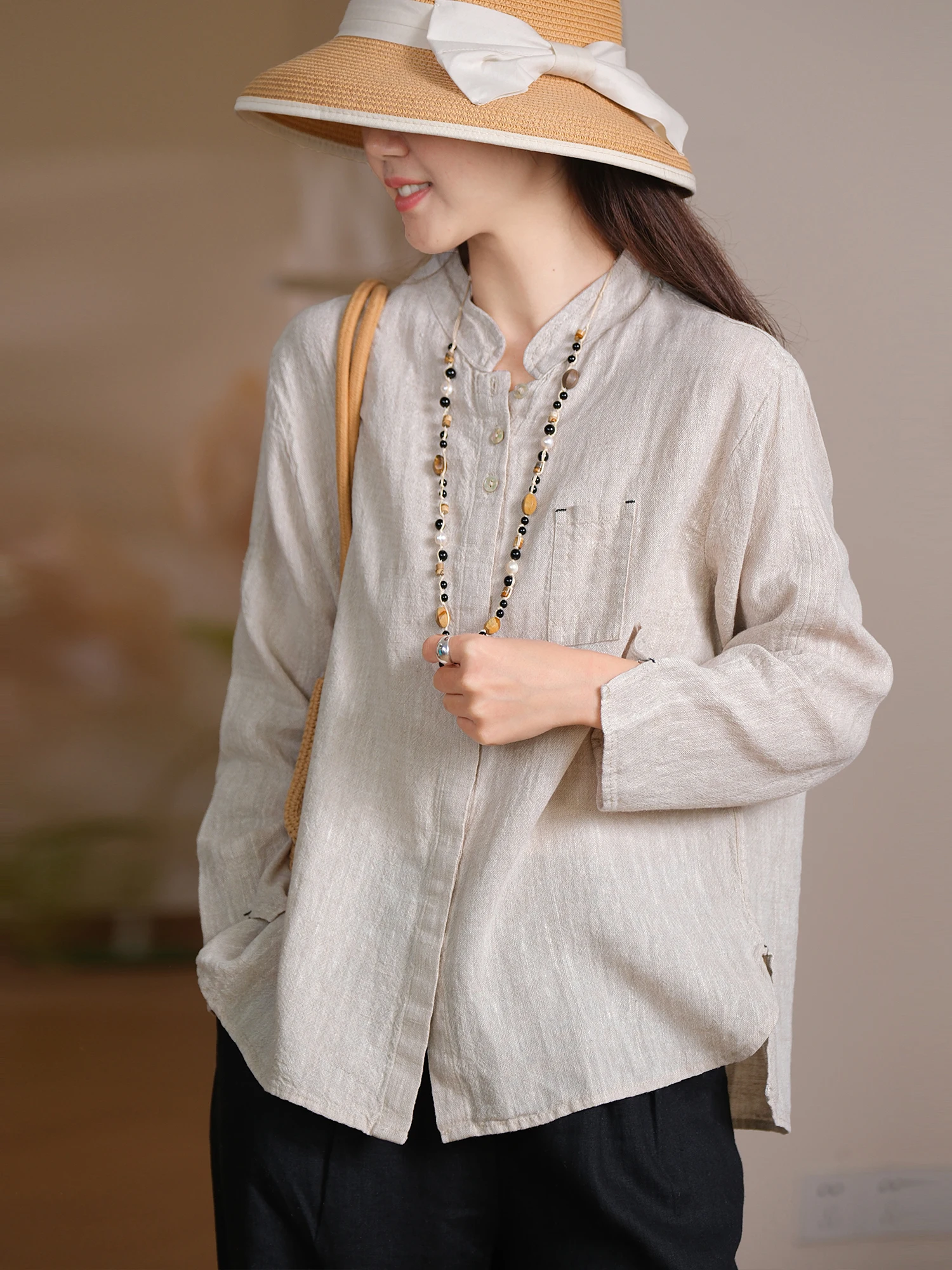 

Натуральная рубашка в деревенском стиле с воротником-поло на пуговицах, повседневная, свободного кроя, женская, с длинным рукавом, однотонная, от Little Ear Production