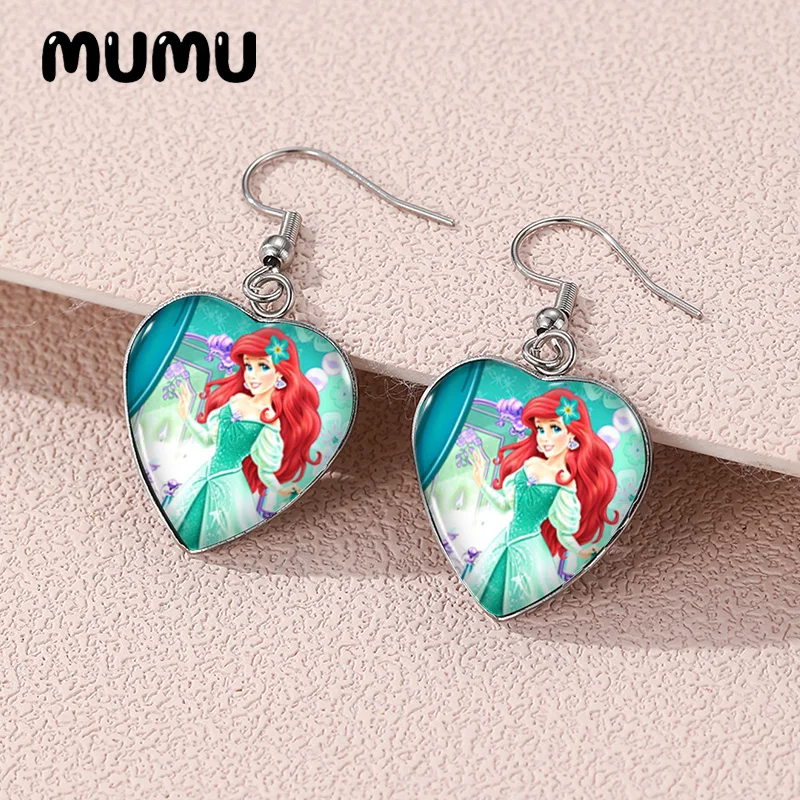 2024 New The Little Mermaid Dangle Earring Princess Ariel Heart Shaped Earrings Handmade Glass Dome Jewelry Gifts Fans