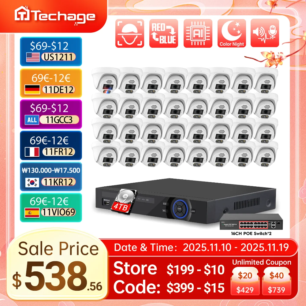 

Techage 32CH NVR 4K POE Security Camera System 8MP 5MP AI Face Detection Two Way Audio CCTV Video Surveillance Set XMEYE Kits