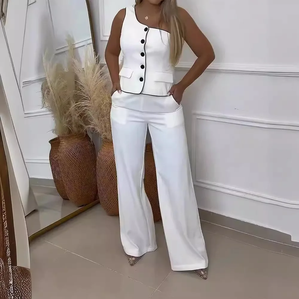 Women White Two Piece Sets Summer One-shoulder Single-breasted Sleeveless Vest Top High Waist Pocket Wide Leg Pants Outfits