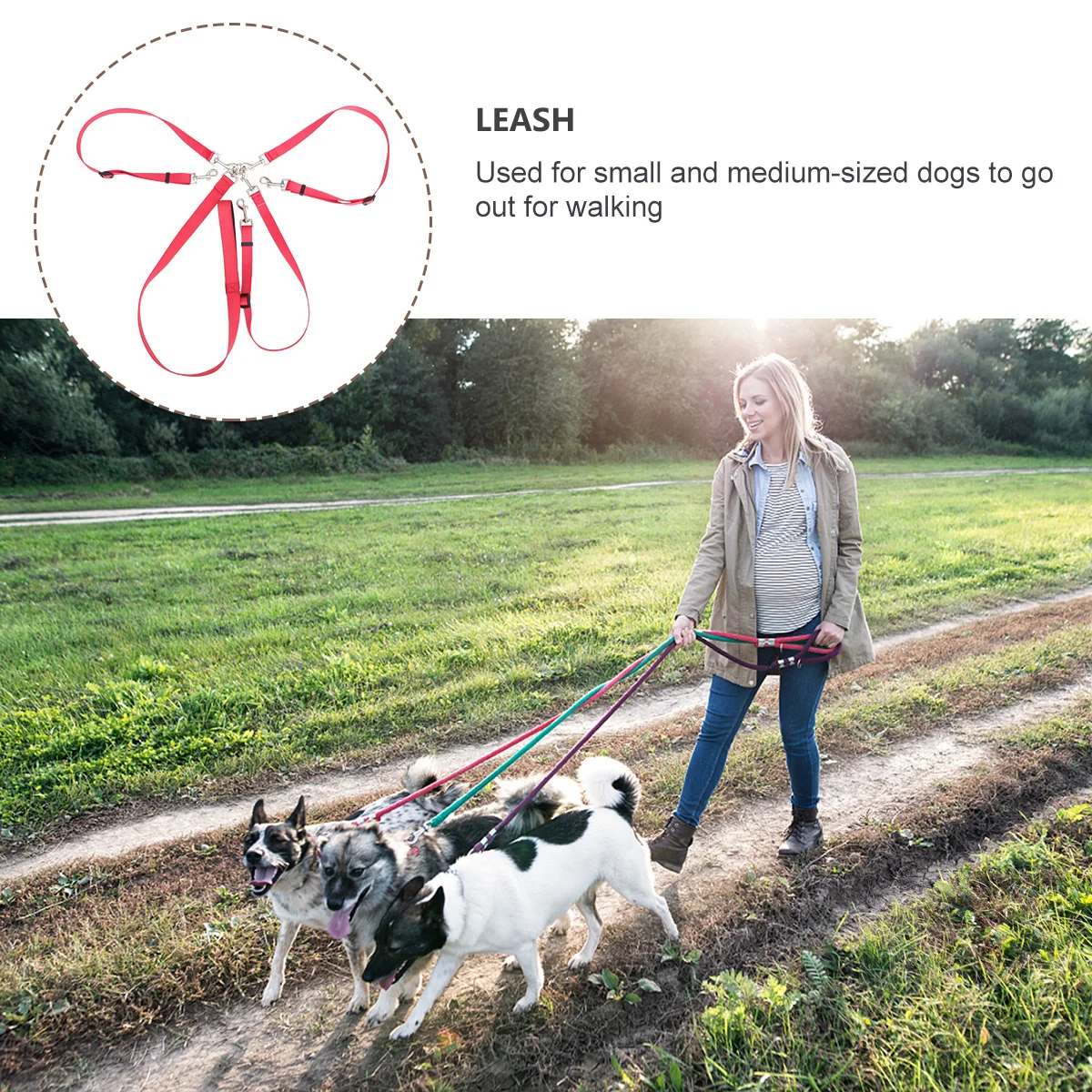 

Three Dog Leash Coupler Adjustable Training Lead Red Comfortable Grip Washable Long Design for Walking Multiple Pets Together