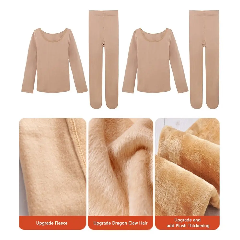 Fashion Winter Kids Thermal Underwear Suits Stretch Fleece Ballet Underwear Set Warm Nude Color Dance Tights Leotard